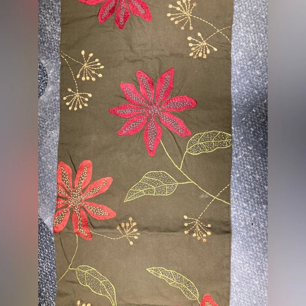 Crate & Barrel Kayla embroidered table runner gold green orange red flower 14x60